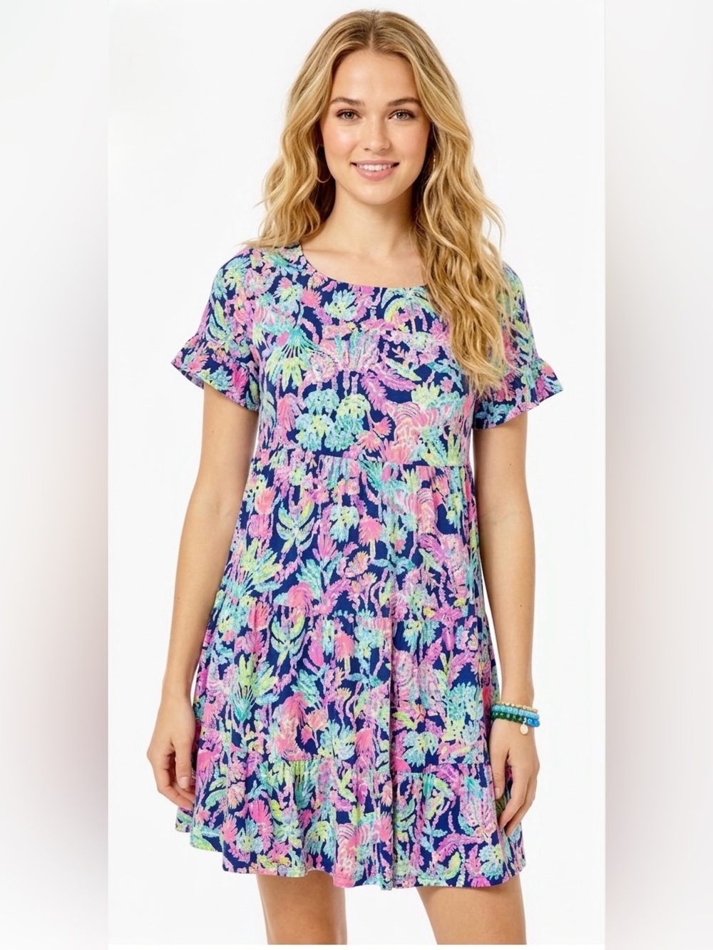 Lilly Pulitzer Neon Floral Navy Short Sleeve Dress